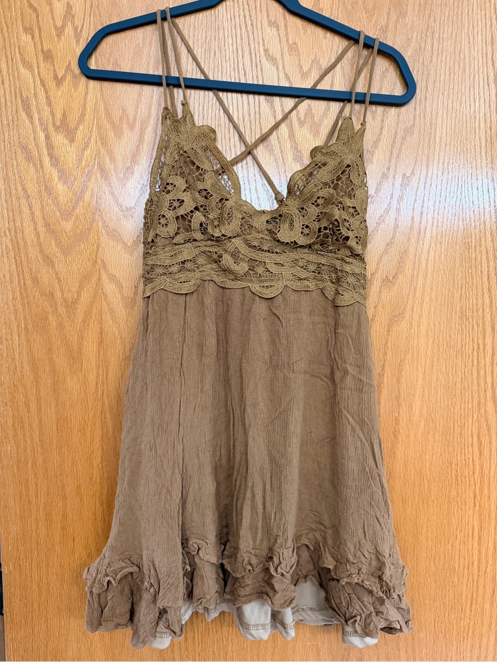 Listicle Olive Brown Lace-Trim Crinkled Camisole Dress